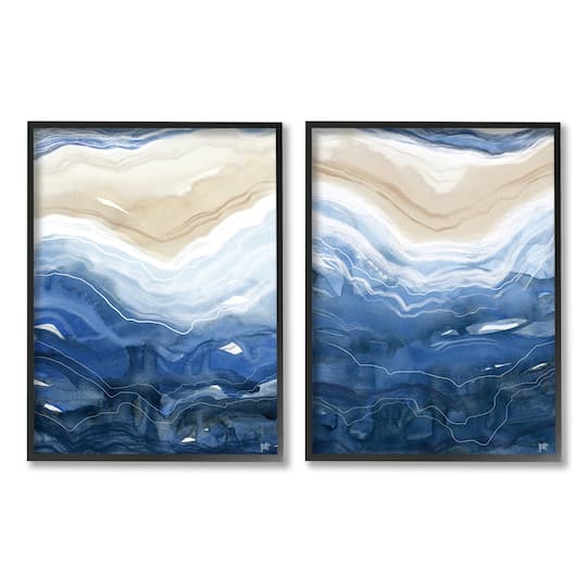 Stupell Industries Abstract Ocean Geode Landscape Busy Blue Beige Lines Framed Wall Art